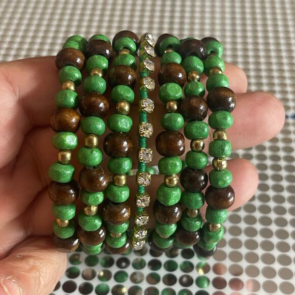 Vintage Memory Wire Bangle Bracelet Wrap Wooden Beaded Rhinestones B#14 - Picture 2 of 9